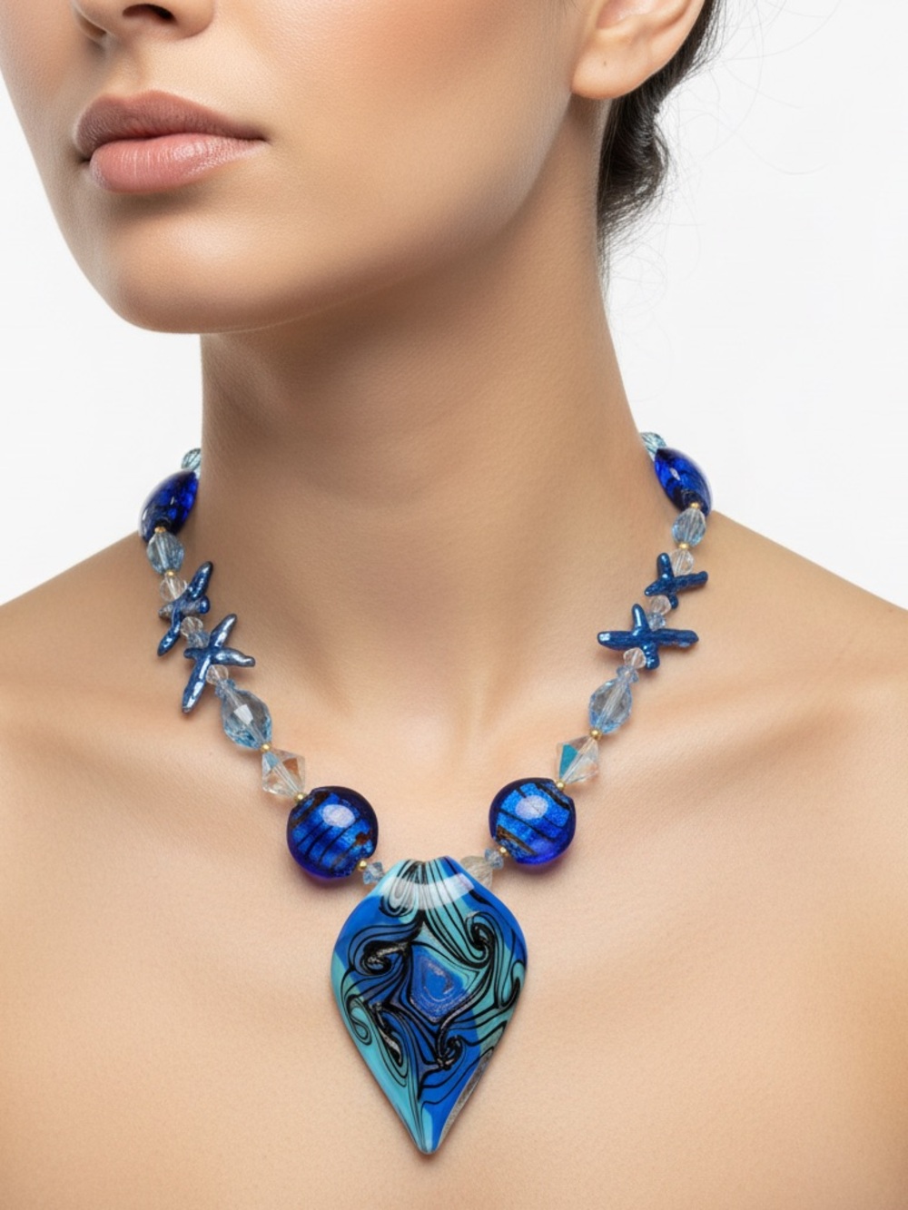 Handcrafted Blue Glass Pendant Necklace with Swirl Design